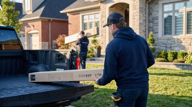 Installer fastening an anthracite gutter under a residential roof — St. Thomas, AB